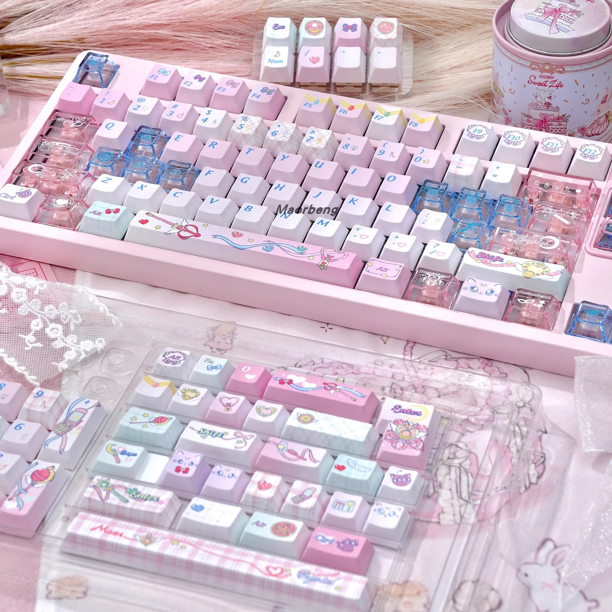 kawaii pastel desk setup sailor moon crystal keycaps cloud puff wrist rest pink aesthetic magical girl 2025