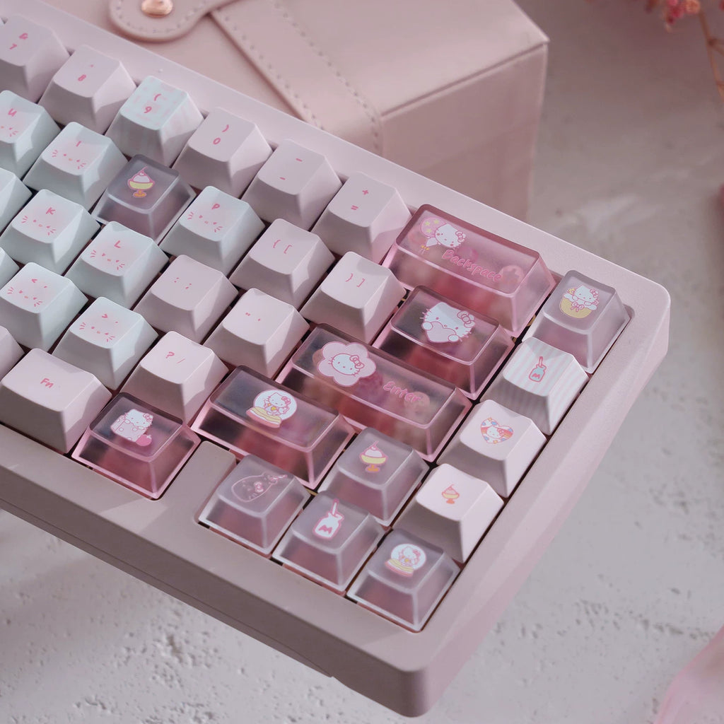 Kawaii Hello Kitty Pastel Pink Keycap Set – PBT Dye-Sublimation & Translucent Frosted PC Novelties (Cherry Profile)