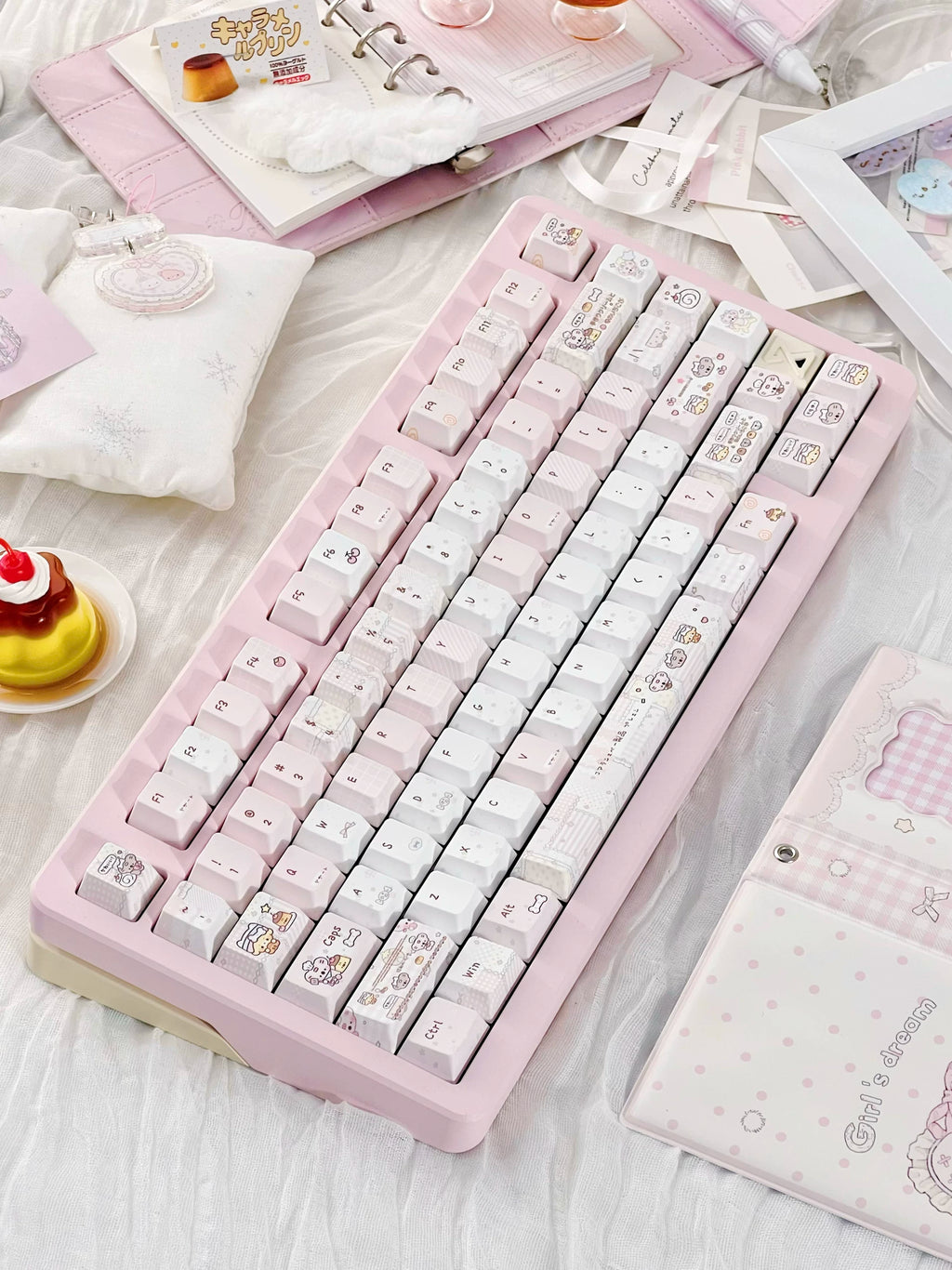 Pudding Roll Keycap Set – Pastel Pink Kawaii PBT 5-Side Dye-Sub Cherry Profile Keycaps
