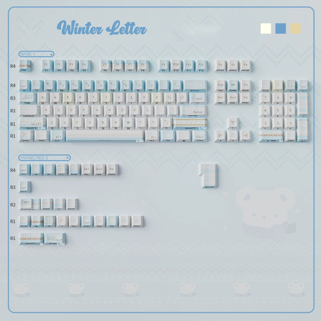 Winter Letter Keycaps Set – Blue & Cream Snow Bear PBT Dye-Sub, Shine-Through & Crystal Jelly