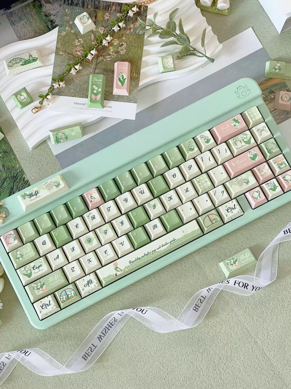 Lily of the Valley Keycap Set | Pastoral Sage Green PBT Cherry Profile Keycaps | 131 Keys
