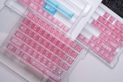 kawaii pink desk setup electronic meow meow pc keycaps transparent foggy cloud wrist rest cyber aesthetic 2025