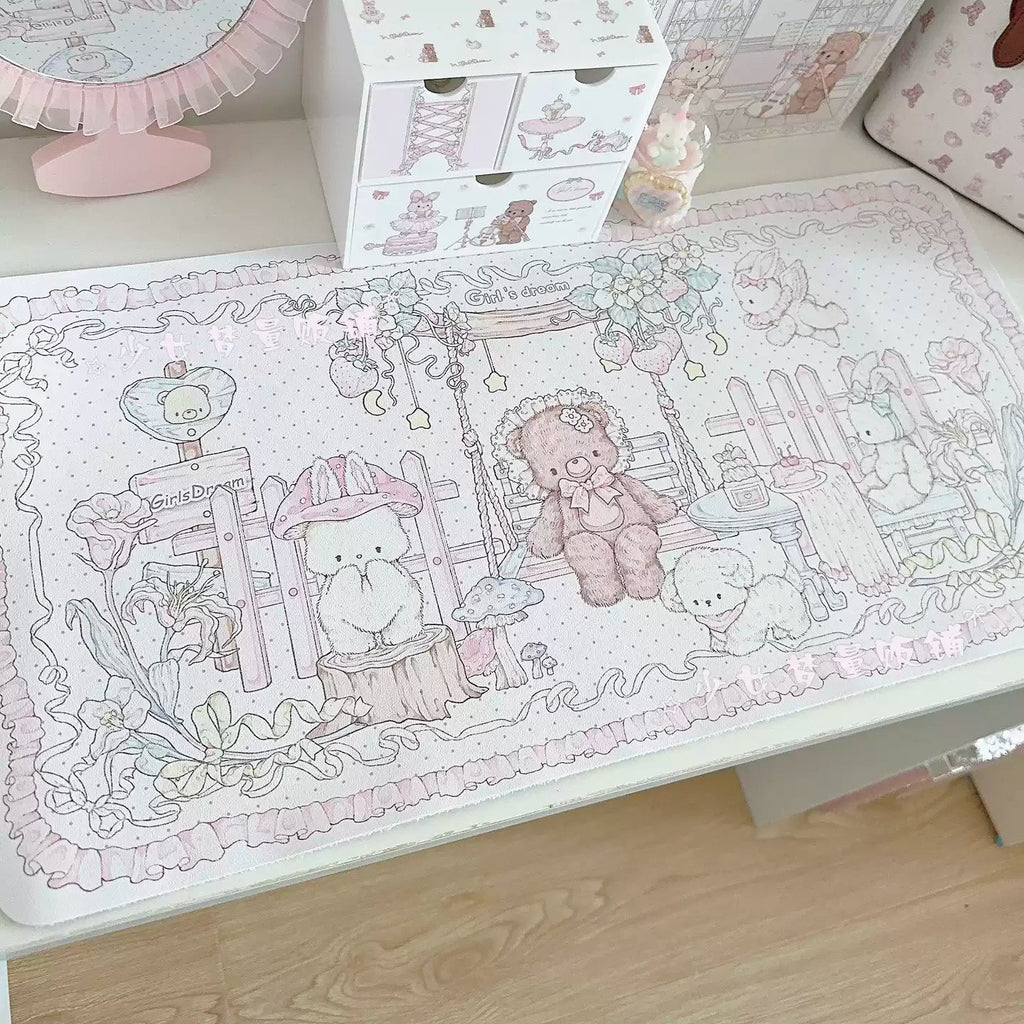 Strawberry Tea Party Desk Mat | Kawaii Lace Mouse Pad PU Leather Waterproof Extra Large Desk Pad for Office & Home