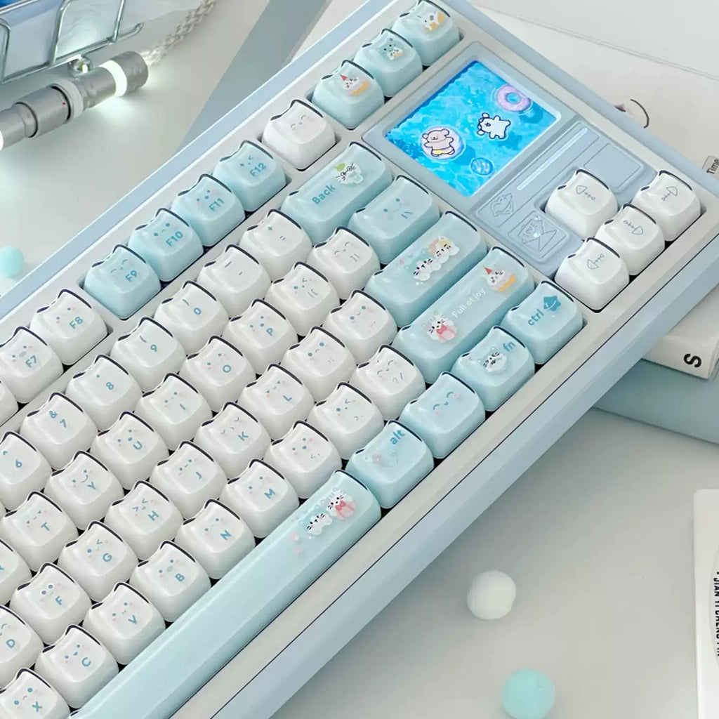 Jelly Cat Paradise Keycap Set – Pastel Blue & White ABS+PC Double-Shot Cute Kitty Keycaps (119 Keys, MAO Profile)