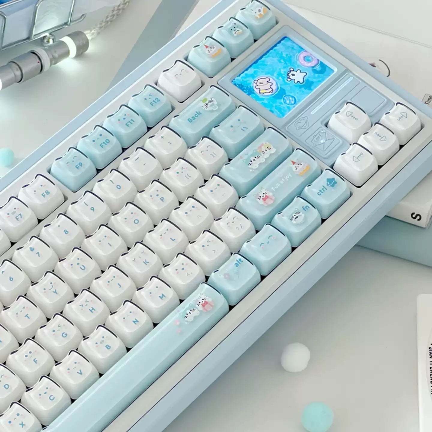 Jelly Cat Paradise Keycap Set – Pastel Blue & White ABS+PC Double-Shot Cute Kitty Keycaps (119 Keys, MAO Profile)