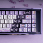kawaii retro desk setup cyber kitty arcade keycaps transparent foggy purple cloud wrist rest gaming aesthetic 2025