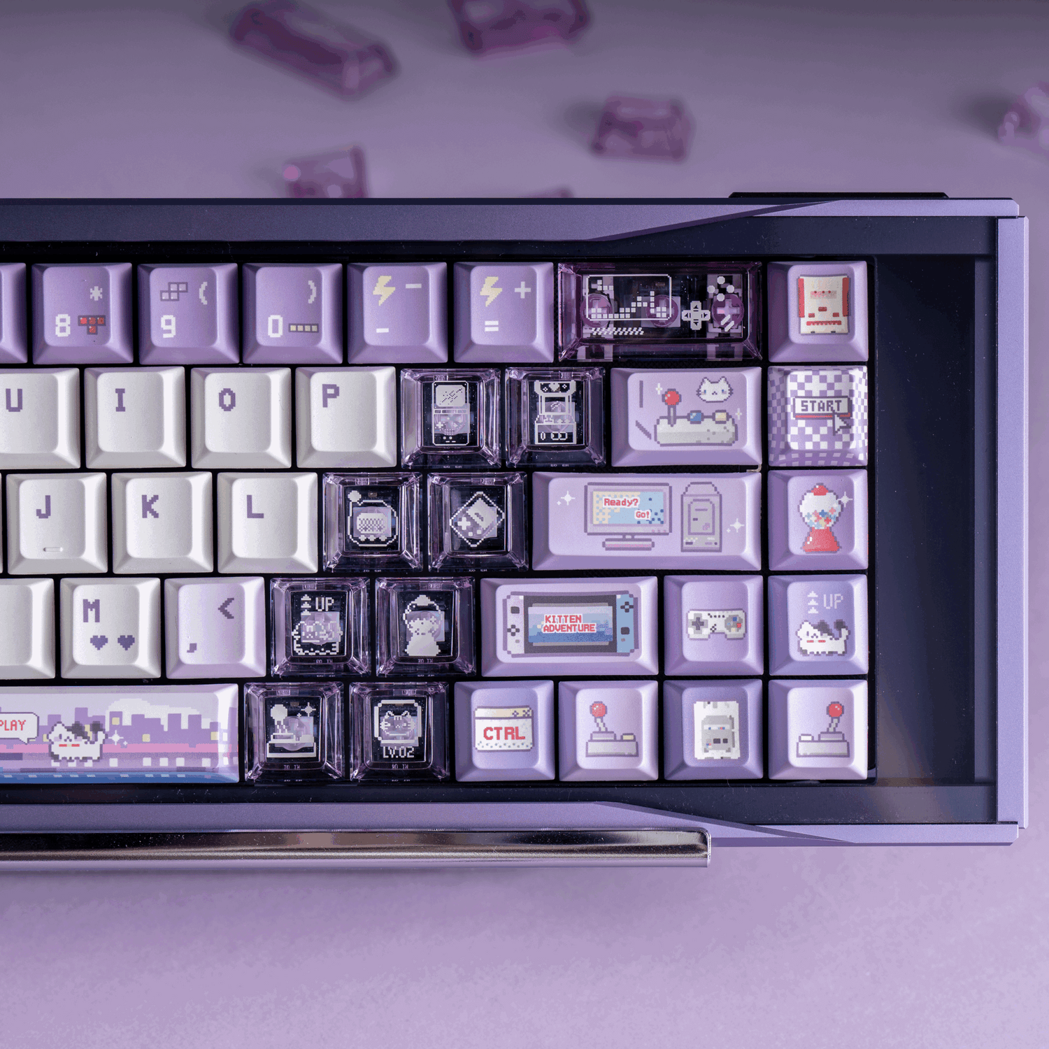 kawaii retro desk setup cyber kitty arcade keycaps transparent foggy purple cloud wrist rest gaming aesthetic 2025