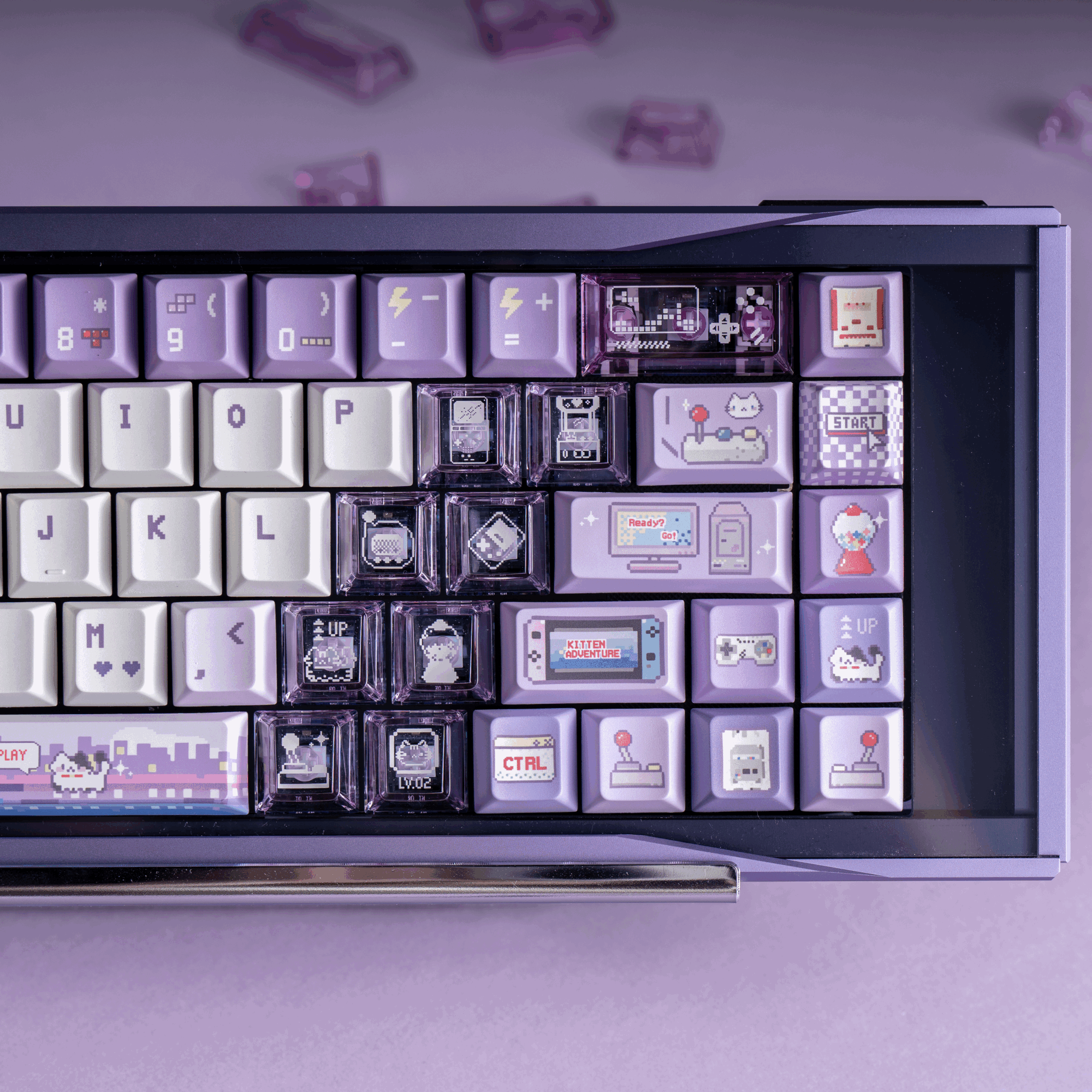 kawaii retro desk setup cyber kitty arcade keycaps transparent foggy purple cloud wrist rest gaming aesthetic 2025