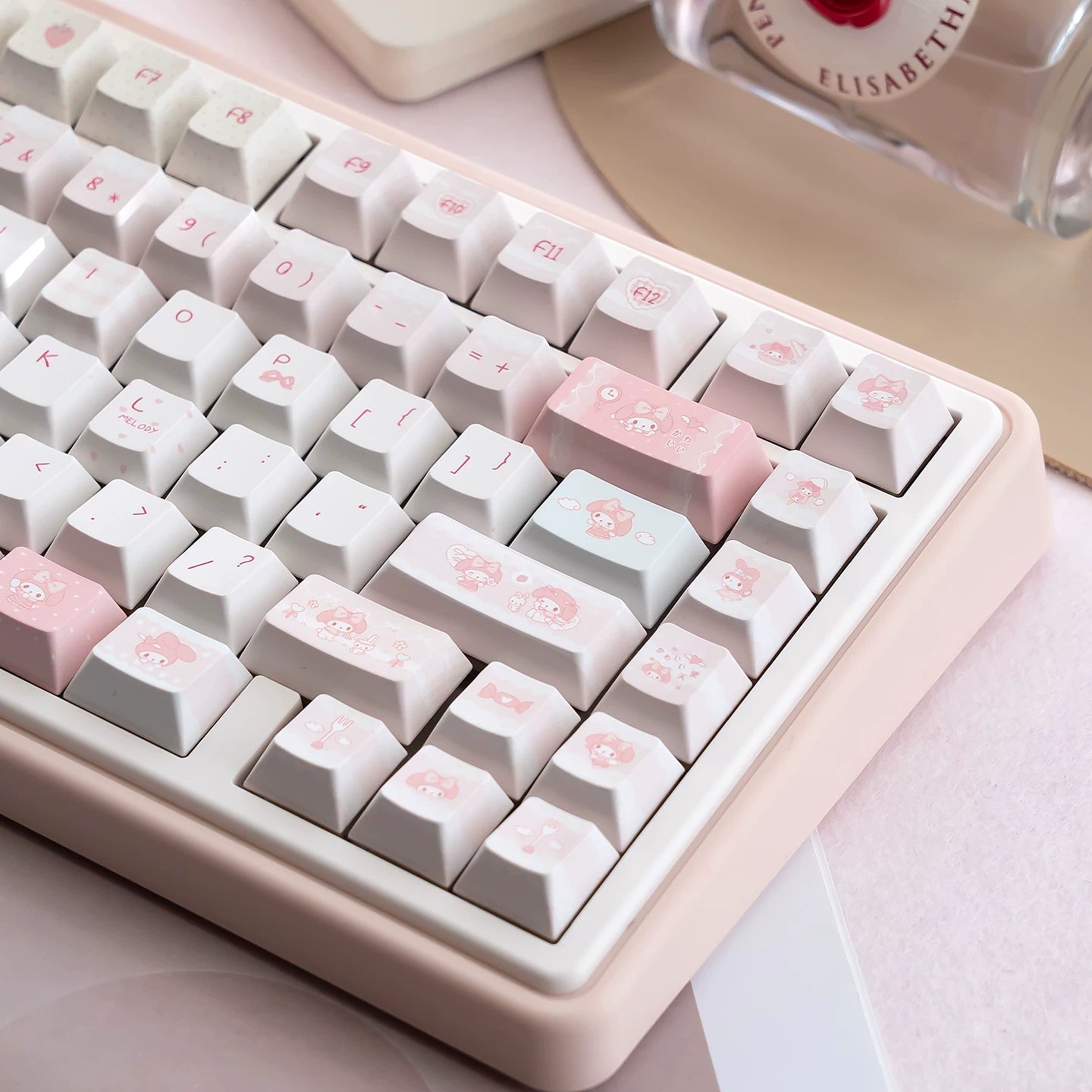 Cute My Melody Pink Keycap Set – PBT Dye-Sublimation Keycaps for Mechanical Keyboards