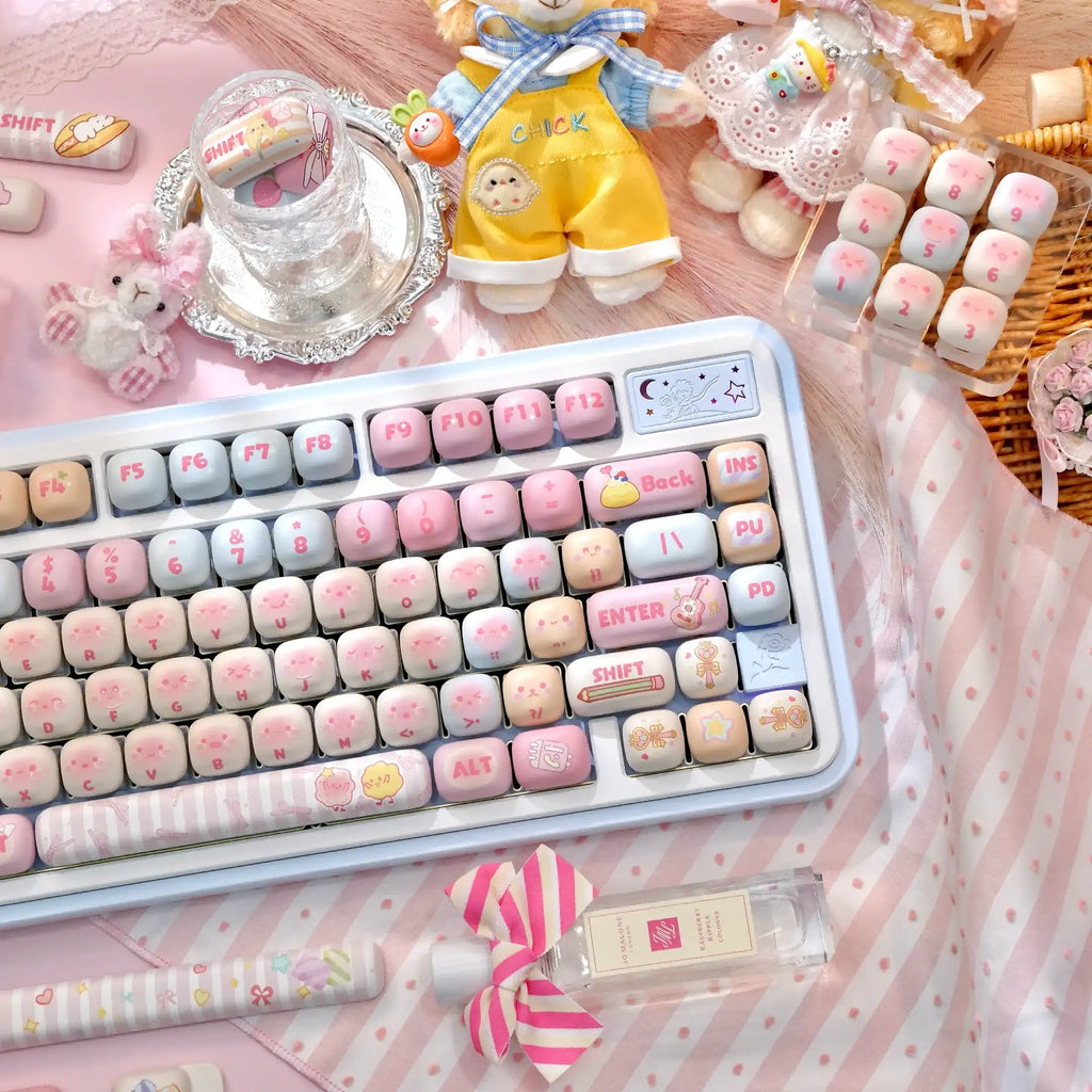 MOG Profile Cute Round Keycaps Set – 142 Keys Dye-Sublimated PBT for Mechanical Keyboards