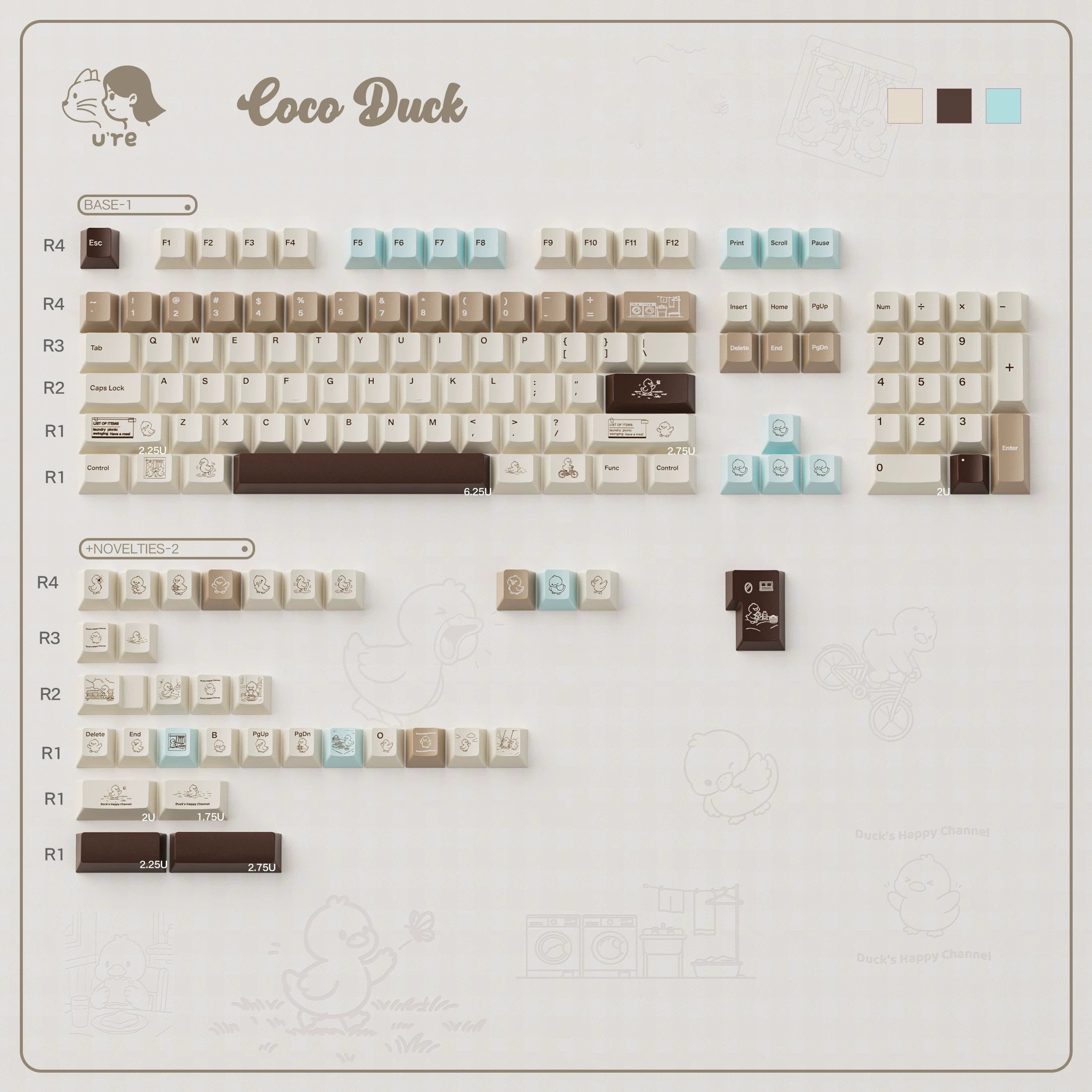 Coco Duck Keycap Set | Cute Duck Cartoon PBT Dye-Sub Keycaps | Arktcat x U're