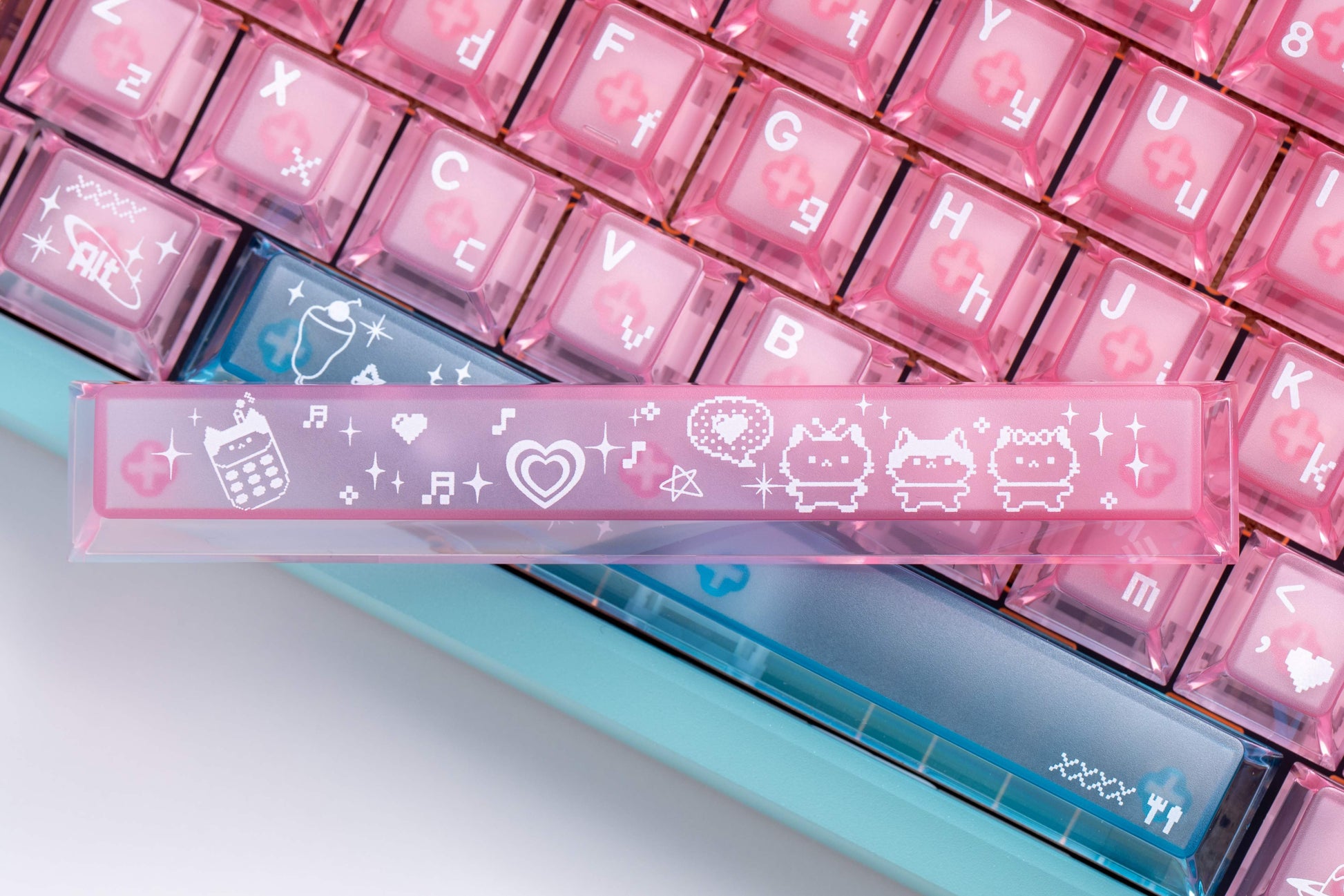 electronic meow meow pc keycaps foggy top transparent 1.7mm thick dye-sub legends closeup rgb shine through 2025