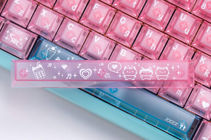 electronic meow meow pc keycaps foggy top transparent 1.7mm thick dye-sub legends closeup rgb shine through 2025