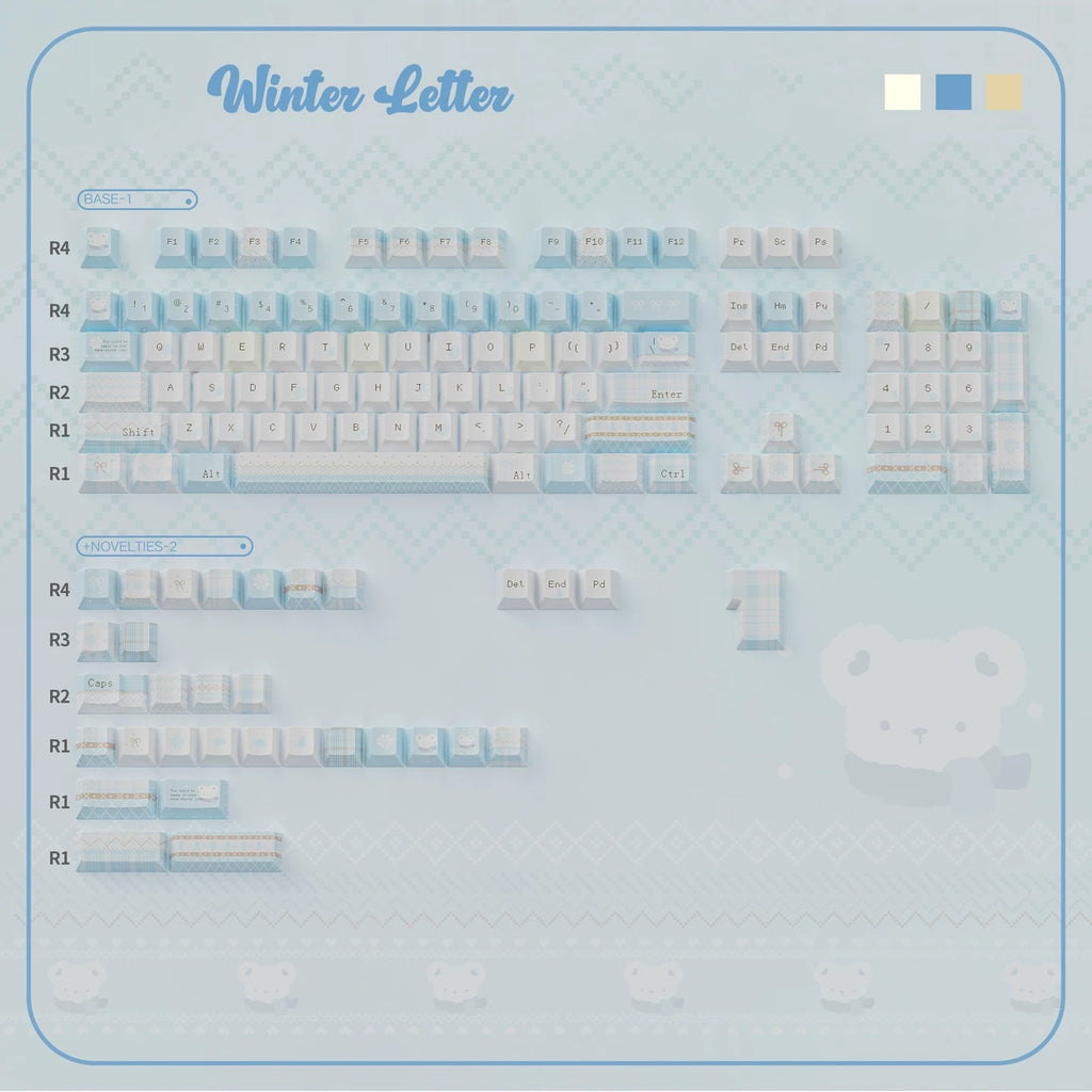 Winter Letter Keycaps Set – Blue & Cream Snow Bear PBT Dye-Sub, Shine-Through & Crystal Jelly
