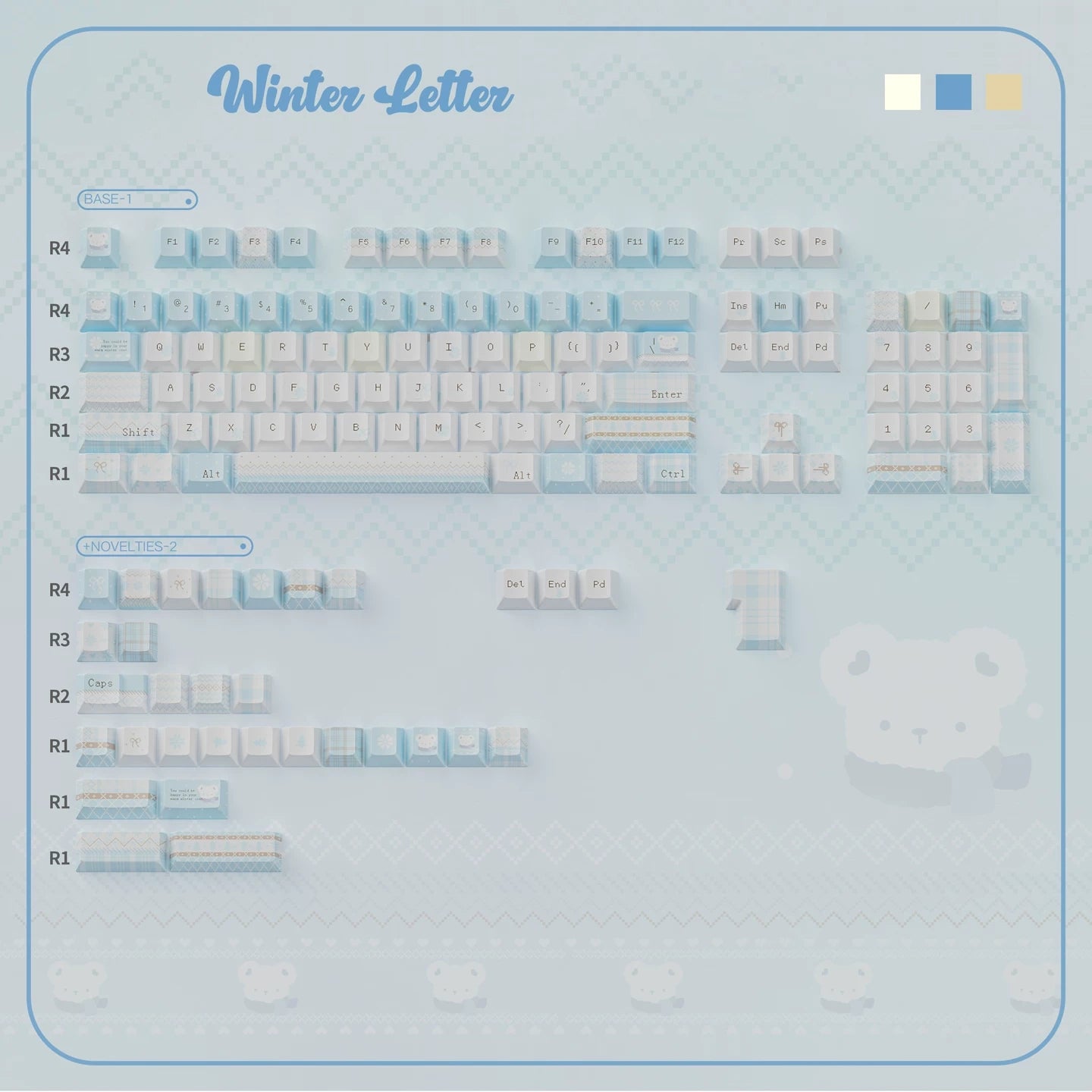 Winter Letter Keycaps Set – Blue & Cream Snow Bear PBT Dye-Sub, Shine-Through & Crystal Jelly