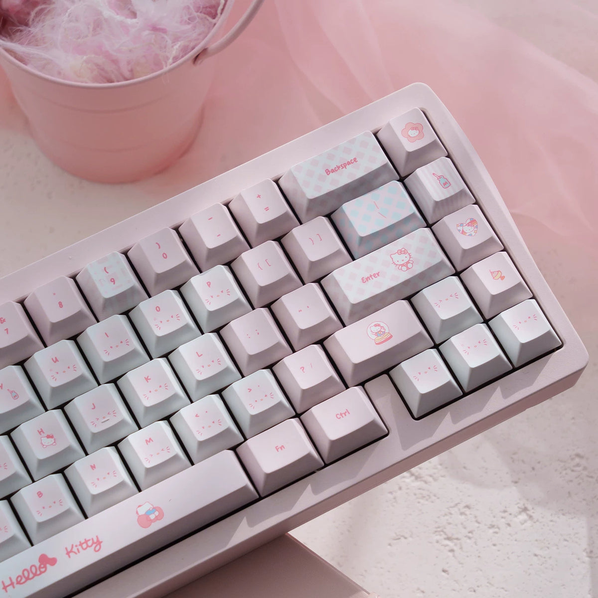 Kawaii Hello Kitty Pastel Pink Keycap Set – PBT Dye-Sublimation & Translucent Frosted PC Novelties (Cherry Profile)