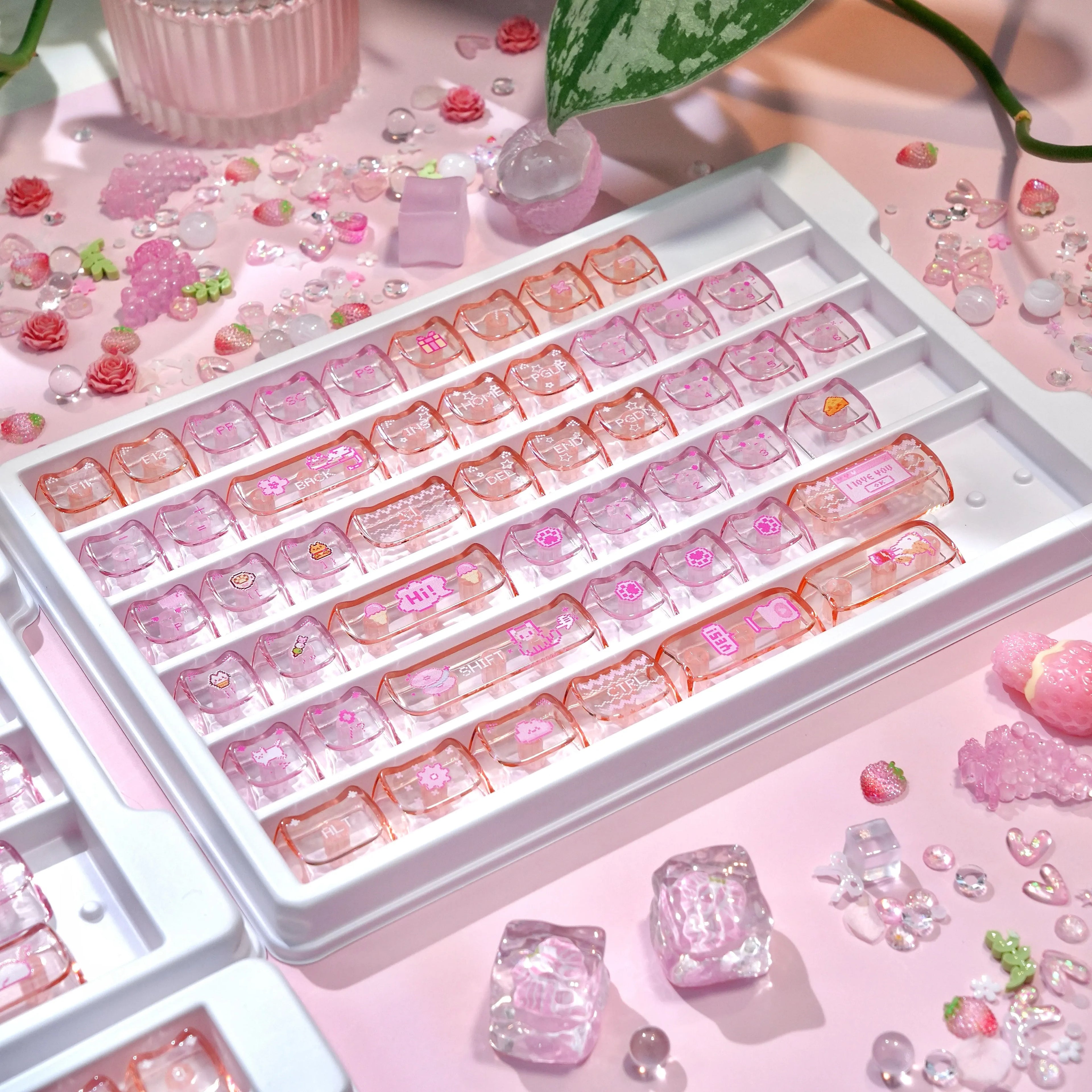 Electronic Cat Keycap Set | MAO Profile Transparent Pink PC Keycaps