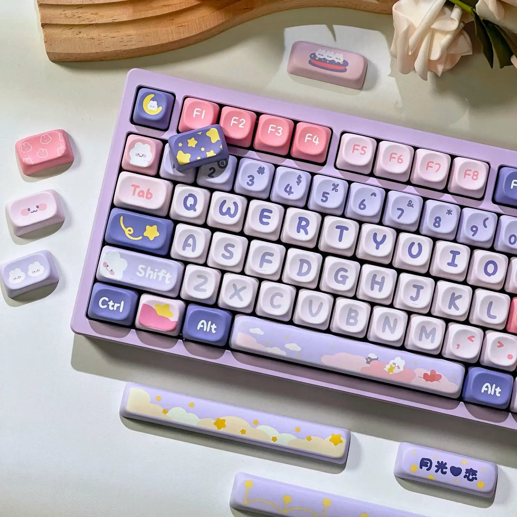Moonlight Bunny Keycap Set – 142 Keys Pastel PBT Dye-Sublimated Keycaps for Mechanical Keyboards