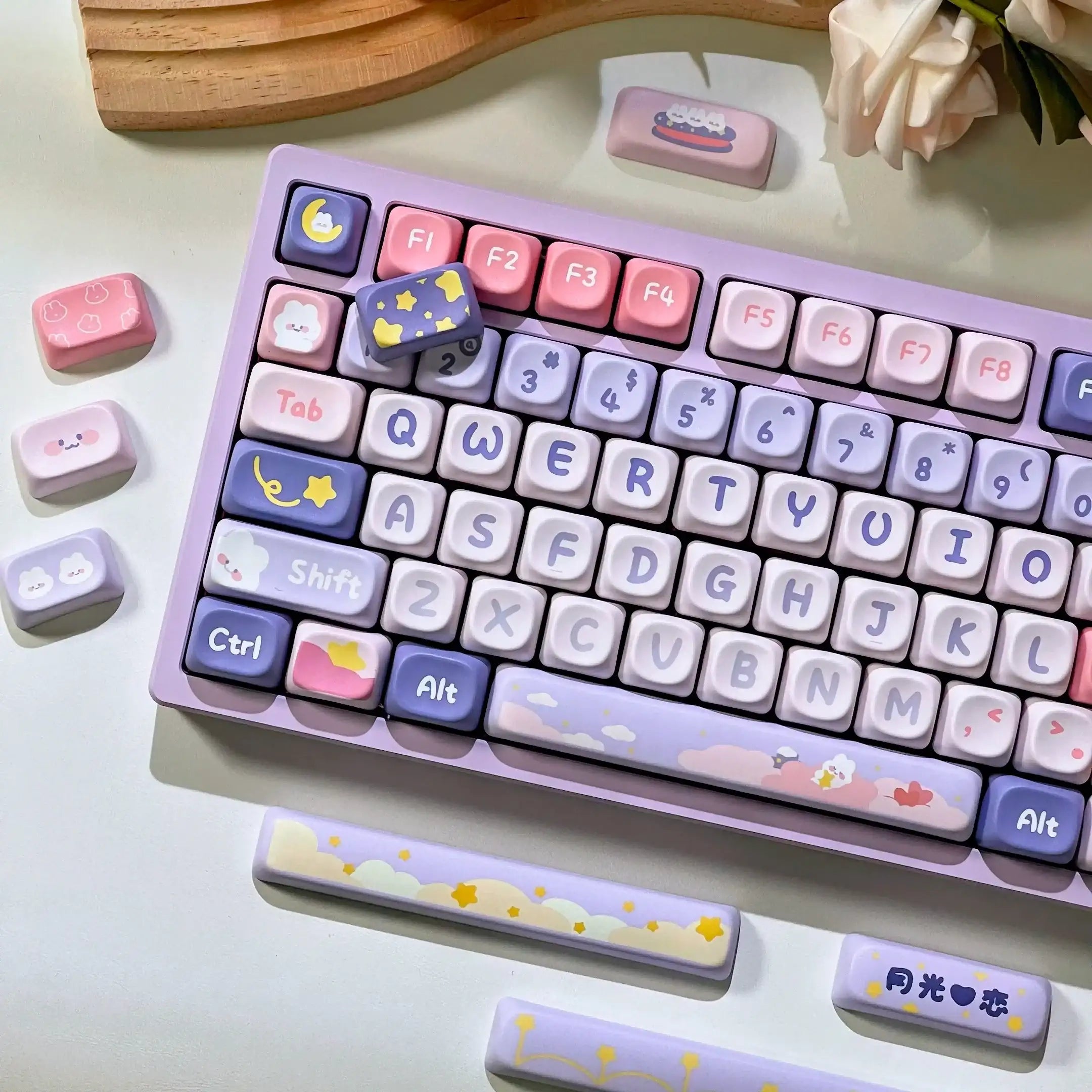 Moonlight Bunny Keycap Set – 142 Keys Pastel PBT Dye-Sublimated Keycaps for Mechanical Keyboards