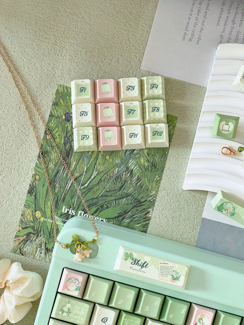 Lily of the Valley Keycap Set | Pastoral Sage Green PBT Cherry Profile Keycaps | 131 Keys