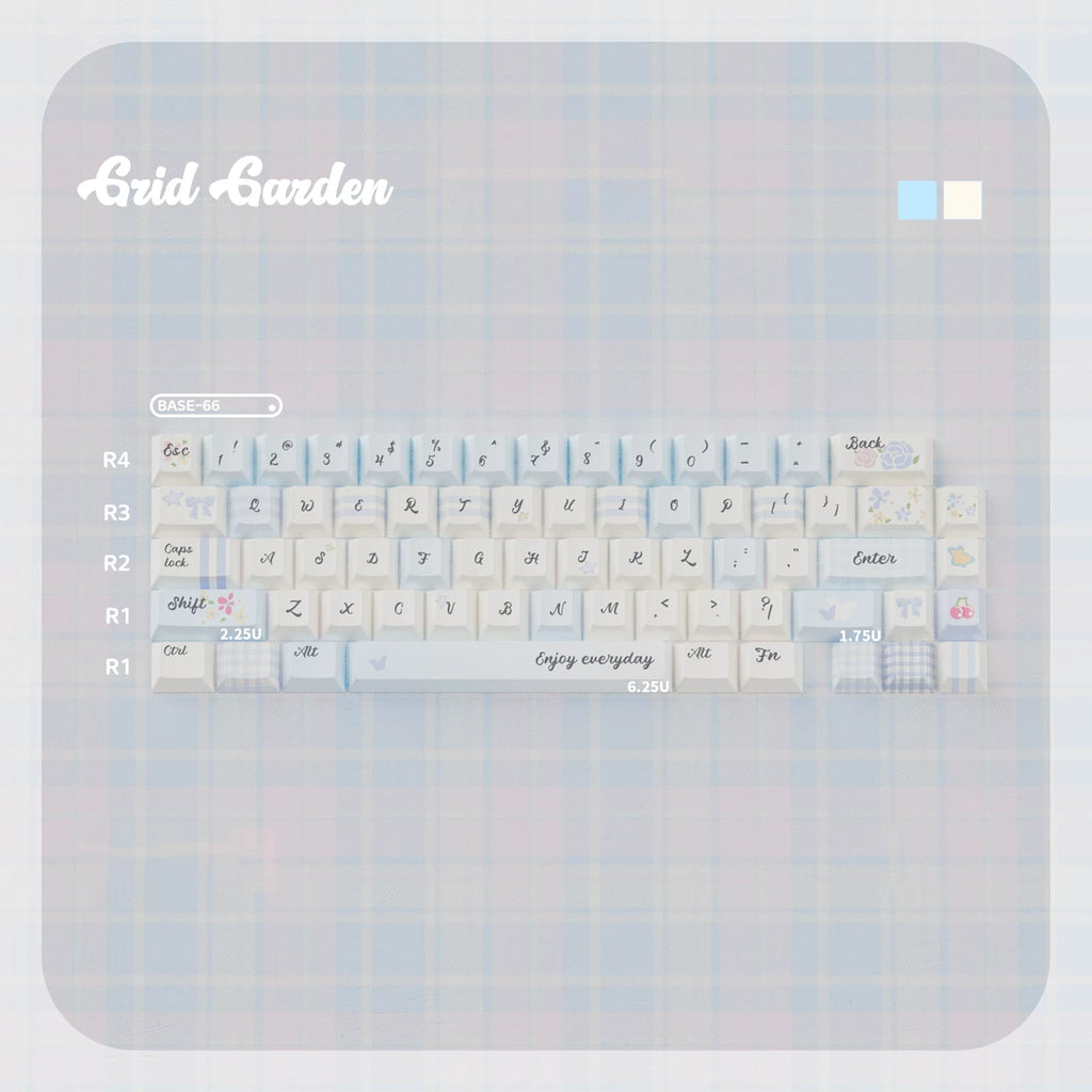Grid Garden Keycaps Set – Blue & Pink Gingham Floral PBT Dye-Sub, OEM/MOA Profile