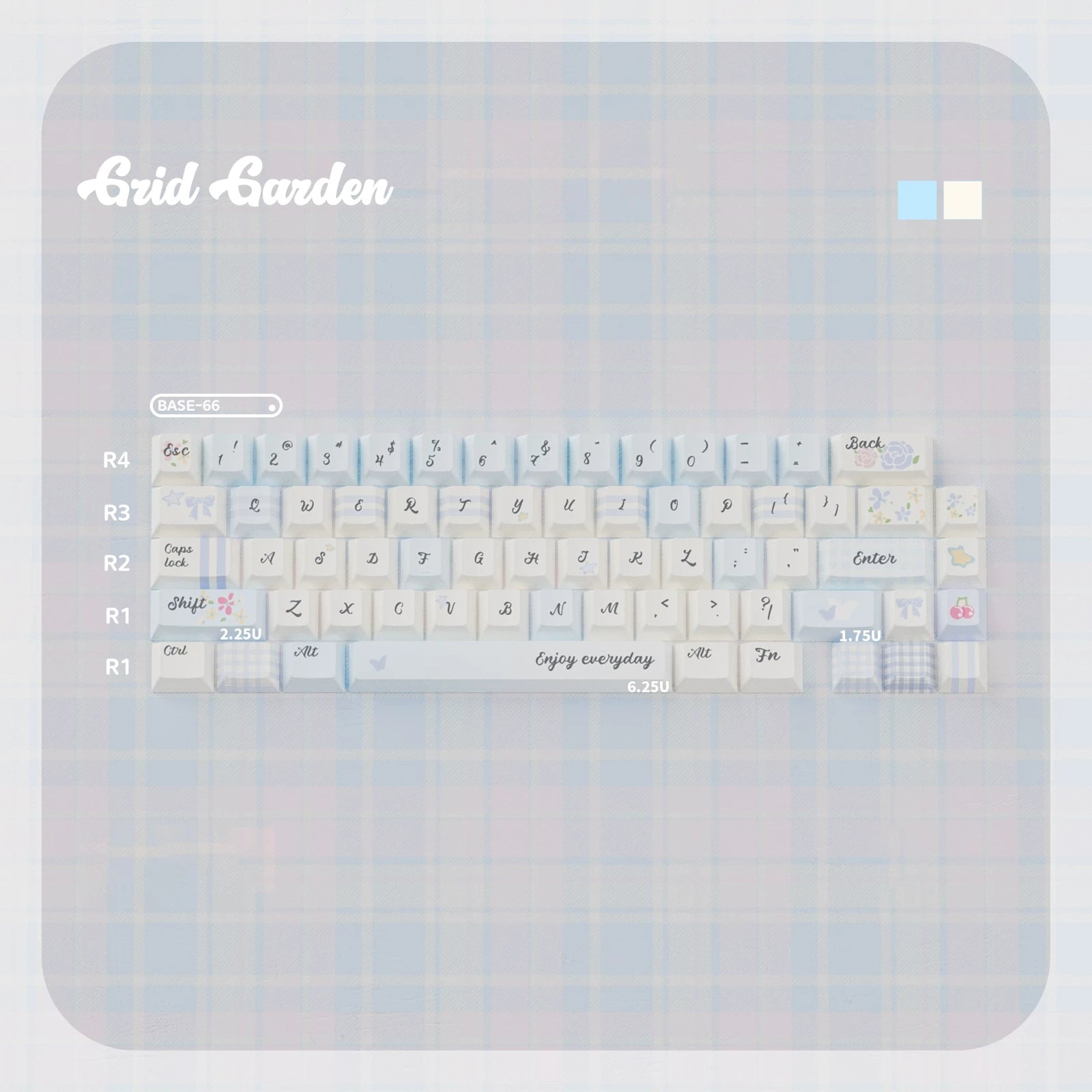 Grid Garden Keycaps Set – Blue & Pink Gingham Floral PBT Dye-Sub, OEM/MOA Profile