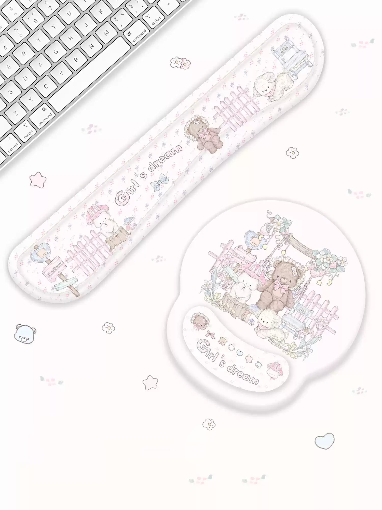 A pastel-themed computer accessory set featuring a matching wrist rest and keyboard cushion. The set includes a long curved wrist rest and a circular mouse pad with cute teddy bear illustrations, a fence, and the text 'Girl's dream' on a white background with a partial keyboard visible in the top-left corner.