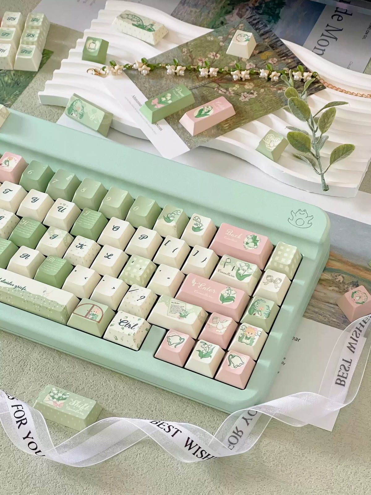 Lily of the Valley Keycap Set | Pastoral Sage Green PBT Cherry Profile Keycaps | 131 Keys