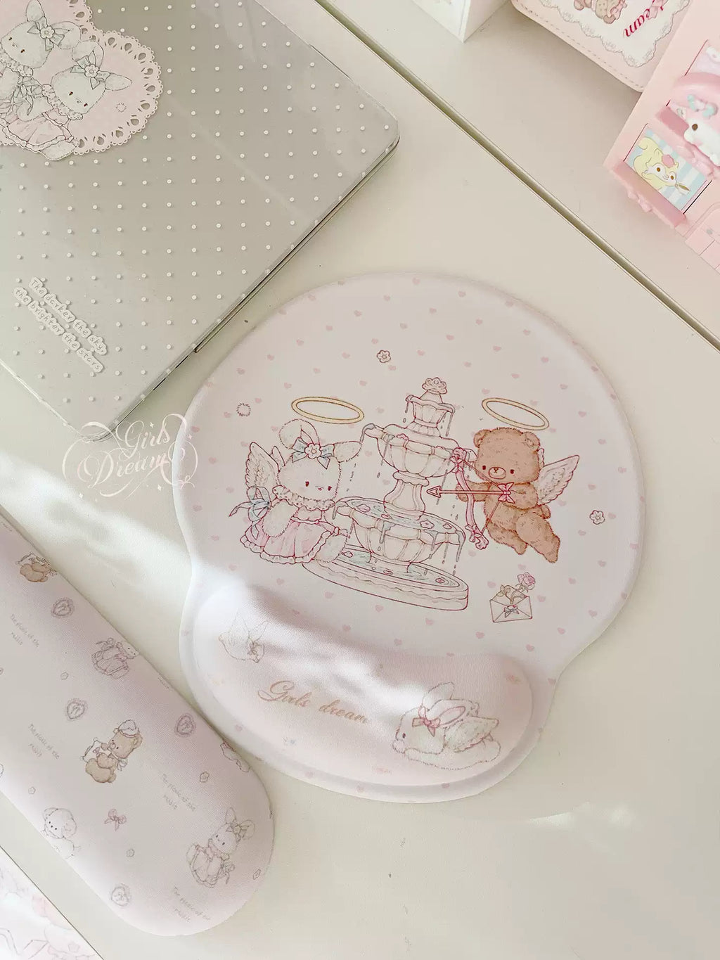 Cupid Bunny & Bear Ergonomic Wrist Rest Mouse Pad | Angel Fountain Kawaii Desk Mat