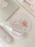 Cupid Bunny & Bear Ergonomic Wrist Rest Mouse Pad | Angel Fountain Kawaii Desk Mat