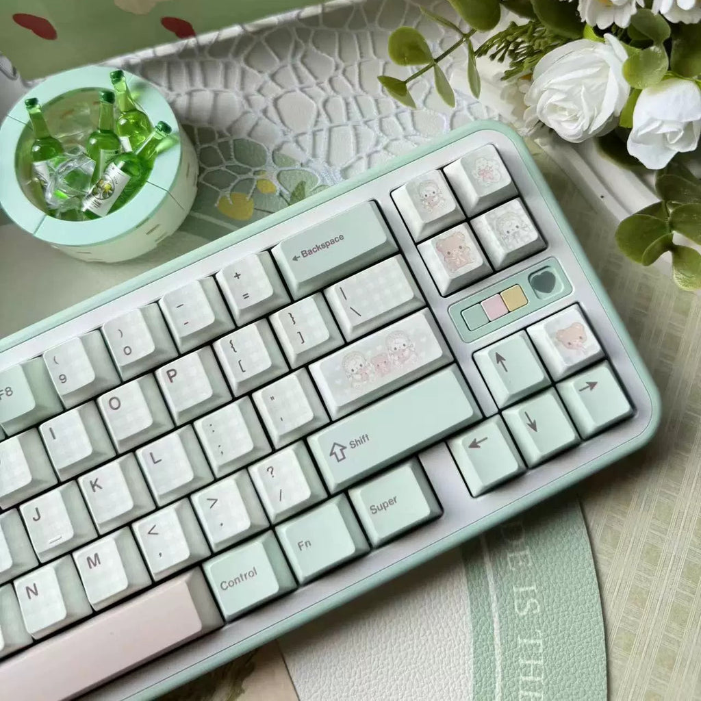Bear Tea Party Forest Green Keycaps – PBT Dye-Sub Kawaii Set | Arktcat x Keyria Labs