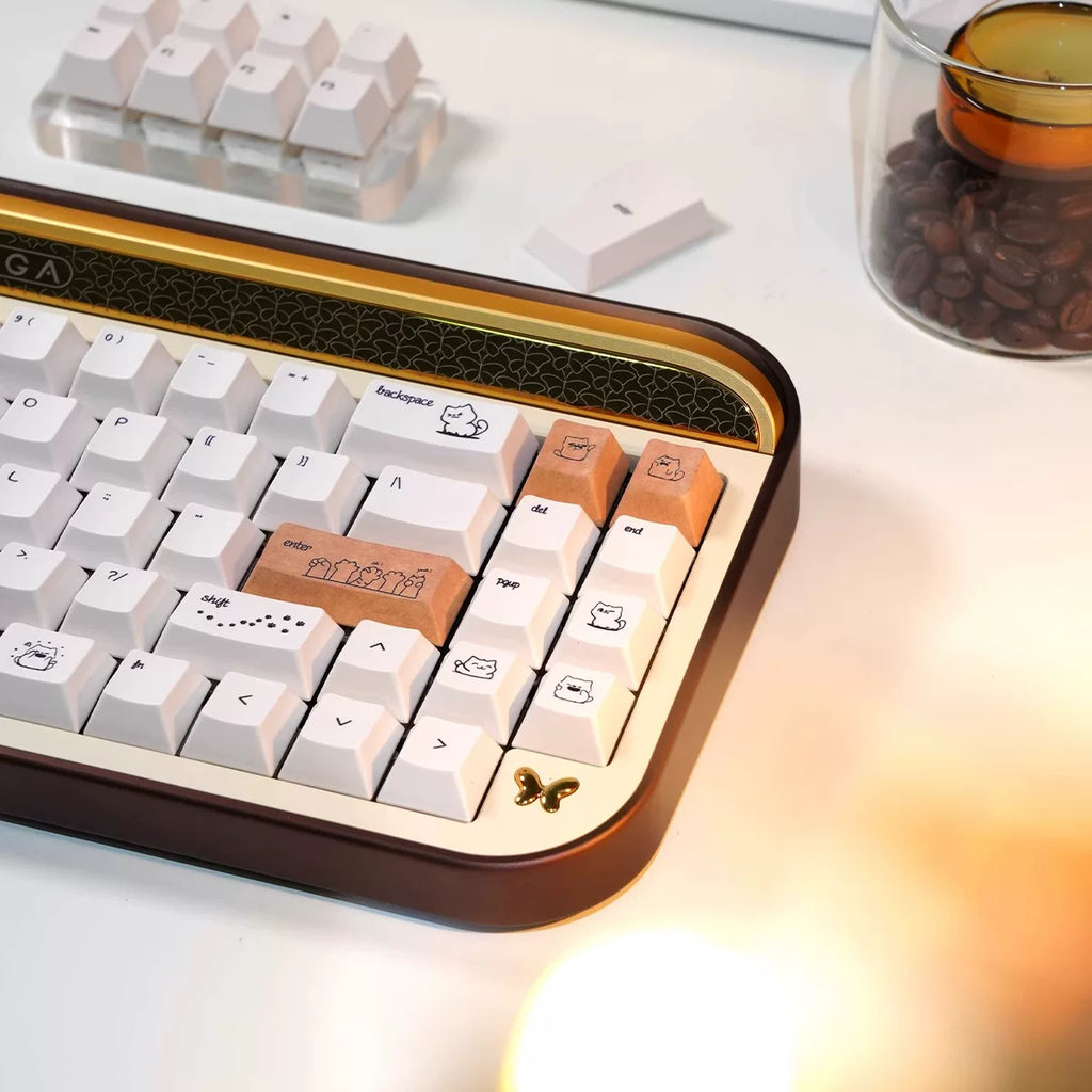 Dune Cat Keycaps Set – 144 Keys Cream & Caramel PBT Dye-Sub, OEM Profile, Alice Layout Compatible