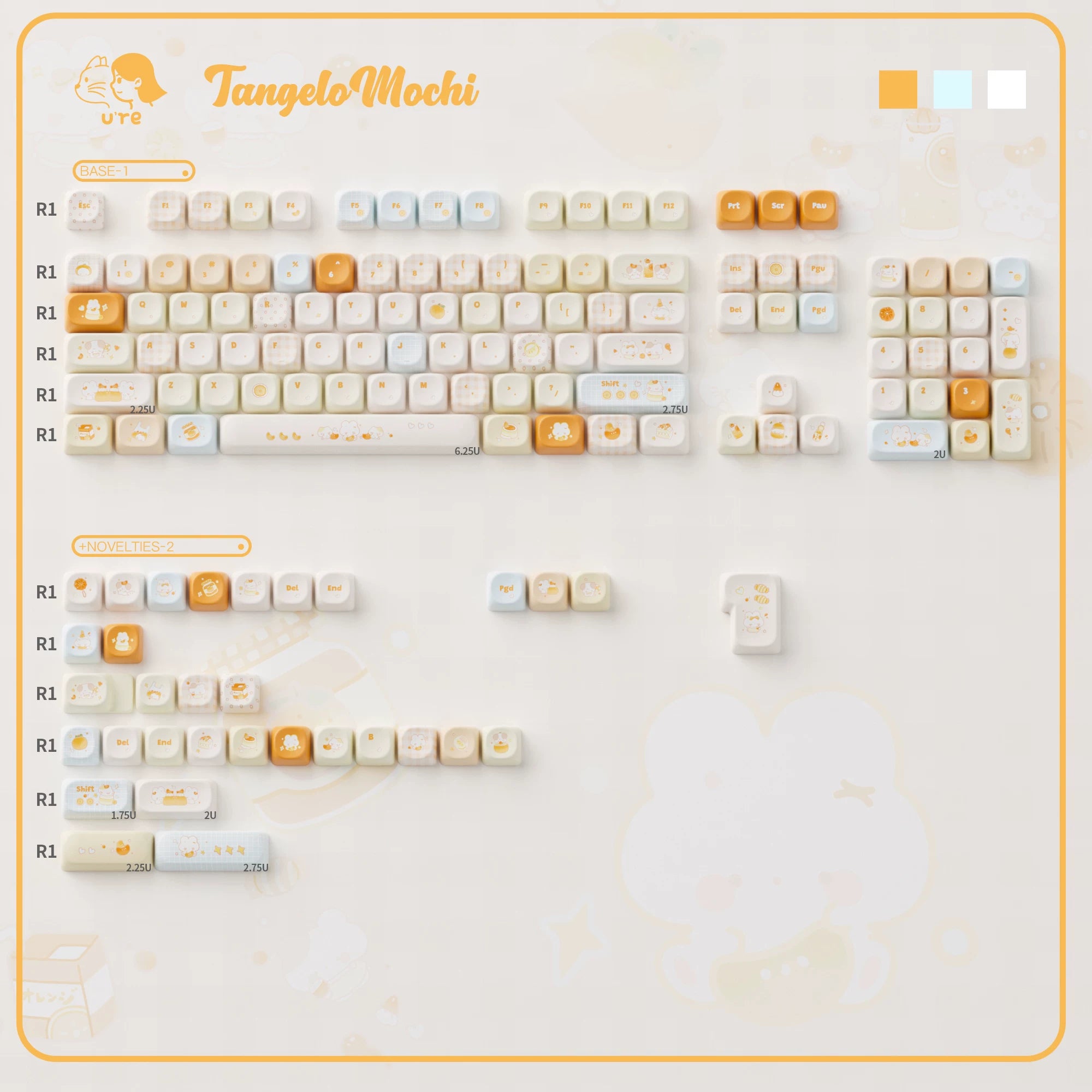 Tangelo Mochi Keycap Set | PBT Dye-Sub Orange Cream Gingham Cute Animal Keycaps | Arktcat x U're