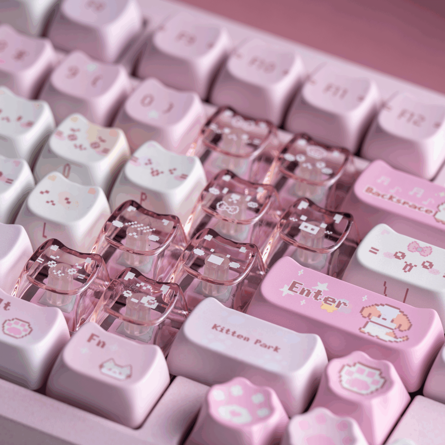 pixel meow meow keycaps 2025 pbt pc transparent foggy dye-sub full set kawaii 8-bit pixel cat 140 keys