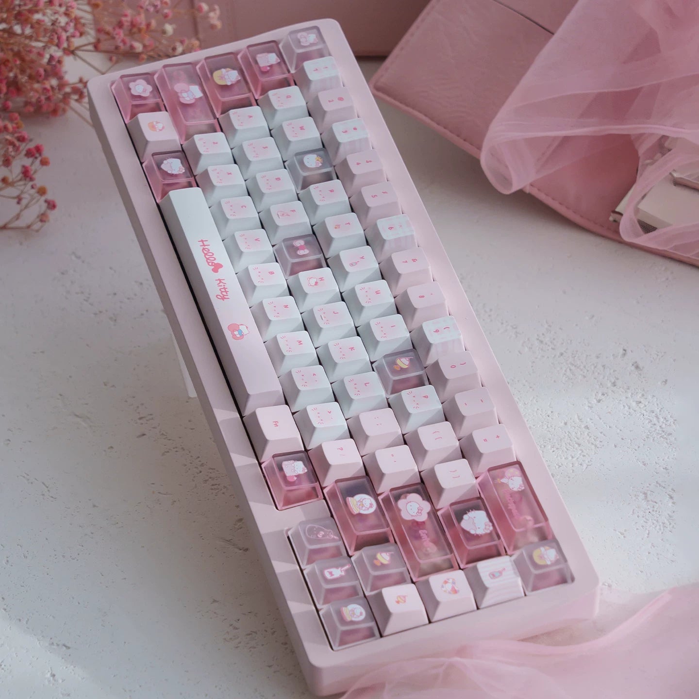 Kawaii Hello Kitty Pastel Pink Keycap Set – PBT Dye-Sublimation & Translucent Frosted PC Novelties (Cherry Profile)