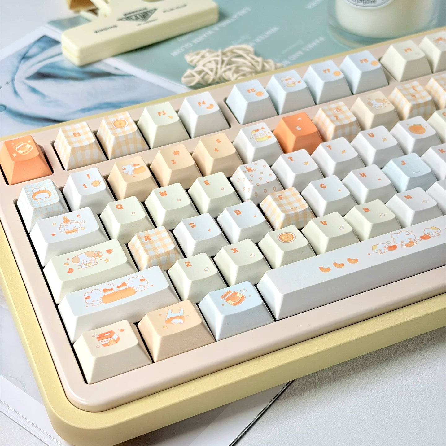 Tangelo Mochi Keycap Set | PBT Dye-Sub Orange Cream Gingham Cute Animal Keycaps | Arktcat x U're