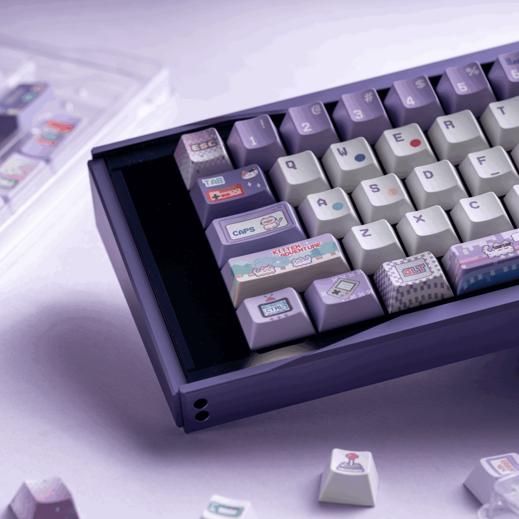 cyber kitty arcade transparent pc foggy purple keycaps dye-sub legends closeup rgb shine through gaming cat 2025