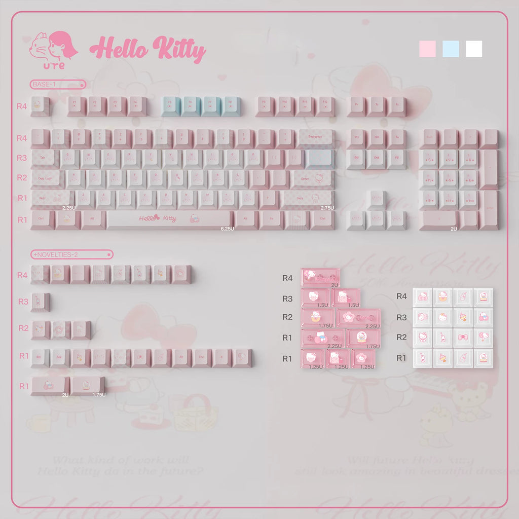 Kawaii Hello Kitty Pastel Pink Keycap Set – PBT Dye-Sublimation & Translucent Frosted PC Novelties (Cherry Profile)