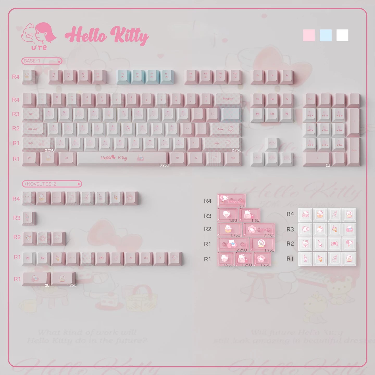 Kawaii Hello Kitty Pastel Pink Keycap Set – PBT Dye-Sublimation & Translucent Frosted PC Novelties (Cherry Profile)
