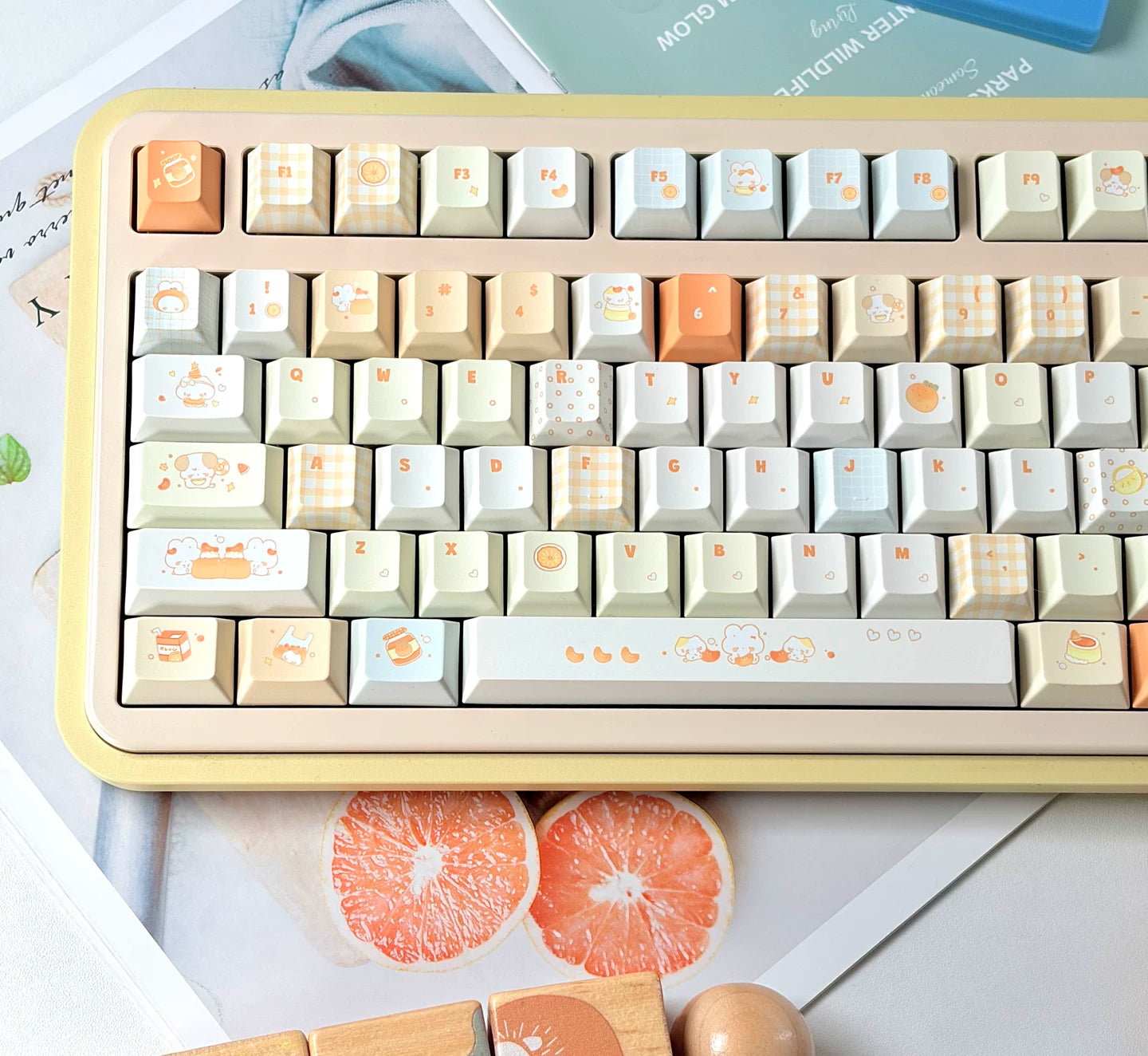 Tangelo Mochi Keycap Set | PBT Dye-Sub Orange Cream Gingham Cute Animal Keycaps | Arktcat x U're
