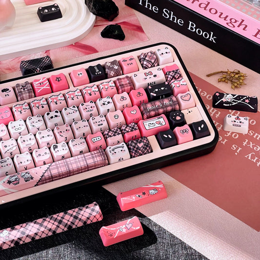 Black Pink Yabi Keycaps Set – MAO / OEM Profile | Cute Cat Mechanical Keyboard Keycaps | Cross-Stem PBT Keycaps for Custom Keyboards