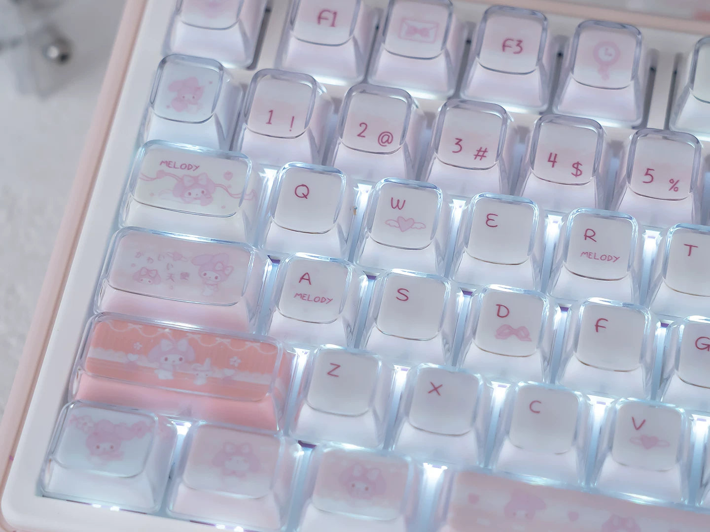 Cute My Melody Pink Keycap Set – PBT Dye-Sublimation Keycaps for Mechanical Keyboards