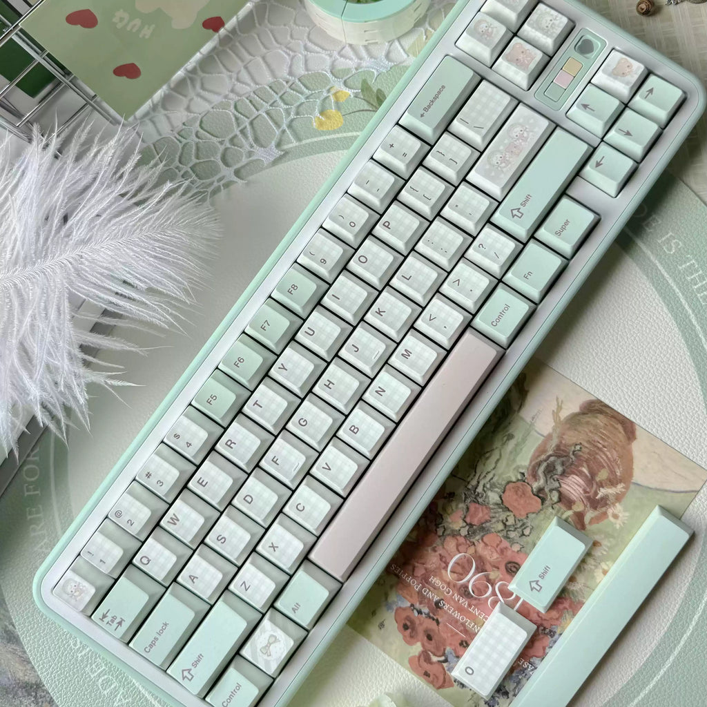 Bear Tea Party Forest Green Keycaps – PBT Dye-Sub Kawaii Set | Arktcat x Keyria Labs