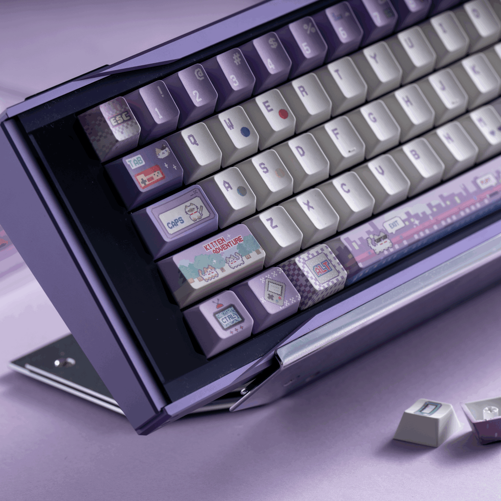 cyber kitty arcade transparent pc foggy purple keycaps dye-sub legends closeup rgb shine through gaming cat 2025
