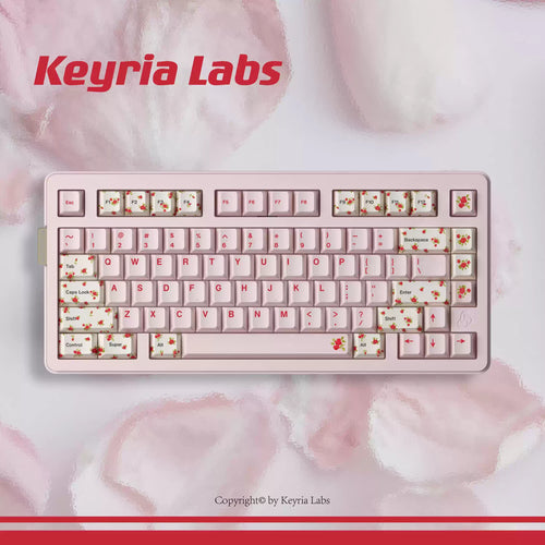 A pink mechanical keyboard with decorative floral keycaps, presented on a soft pink background with blurred petals. The brand name 'Keyria Labs' is displayed in red at the top left.