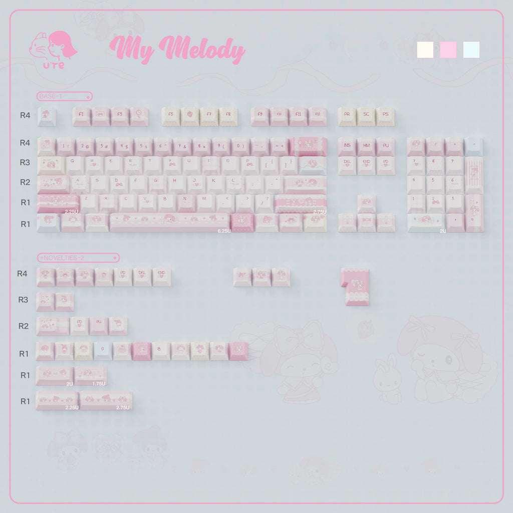 Cute My Melody Pink Keycap Set – PBT Dye-Sublimation Keycaps for Mechanical Keyboards