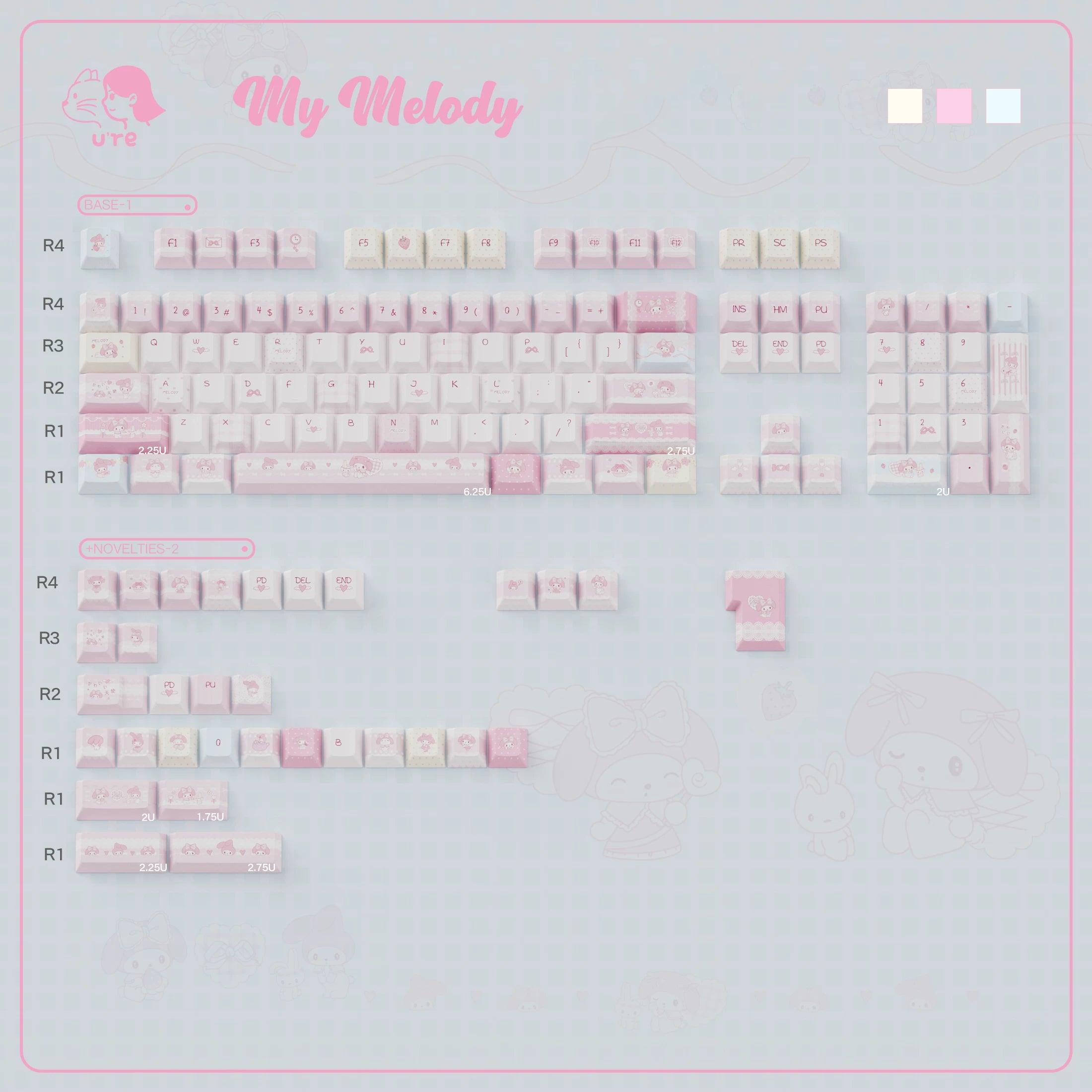 Cute My Melody Pink Keycap Set – PBT Dye-Sublimation Keycaps for Mechanical Keyboards