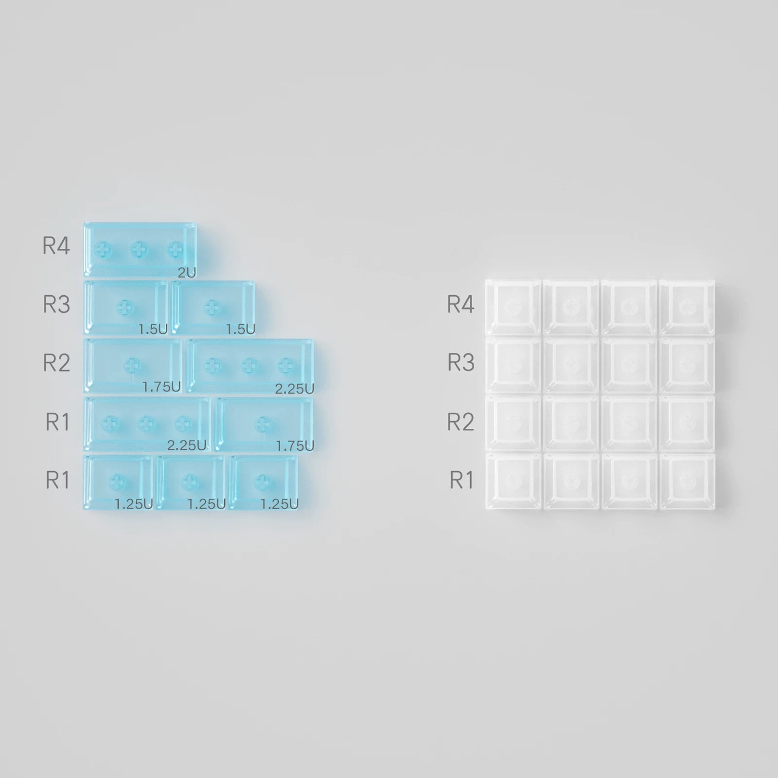 Two silicone molds on a gray background, one blue with measurements and the other clear with grid pattern.