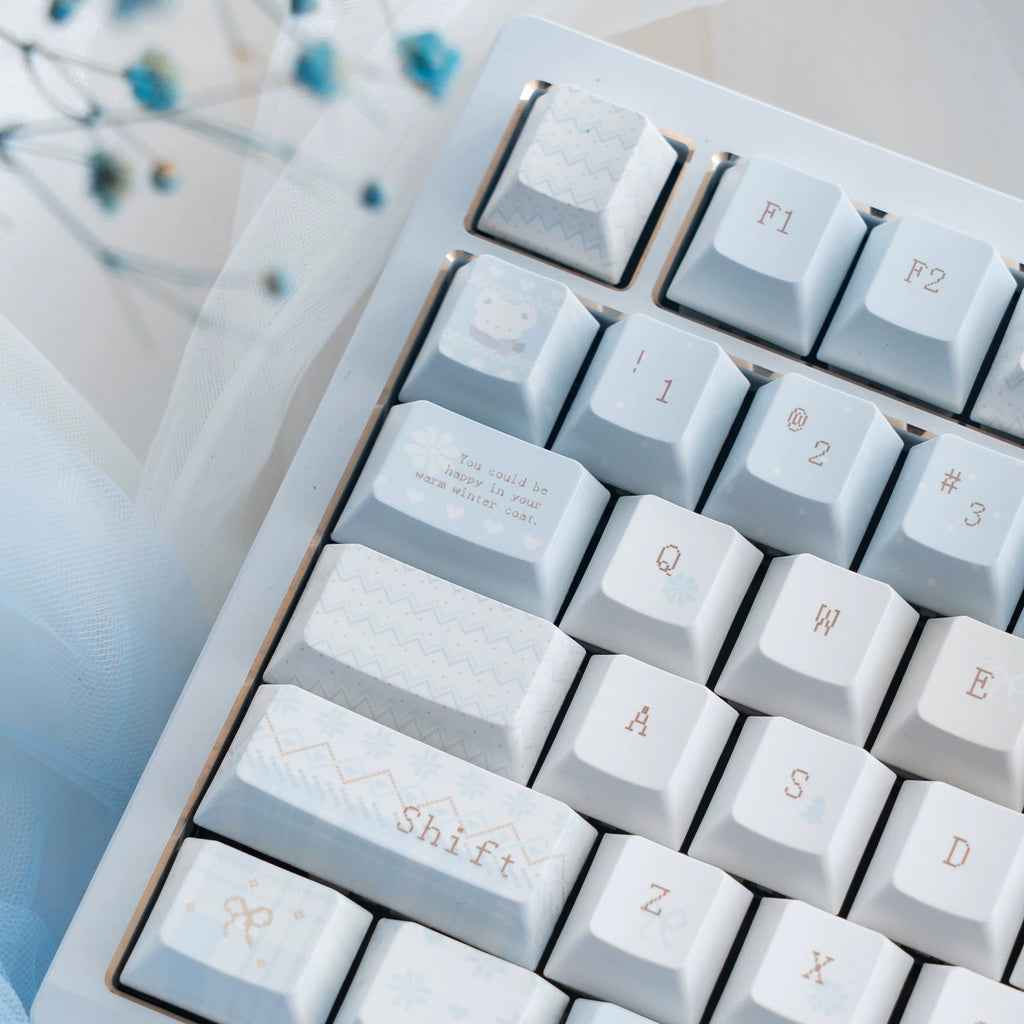 Close-up of a white keyboard with clear keycaps on a light background