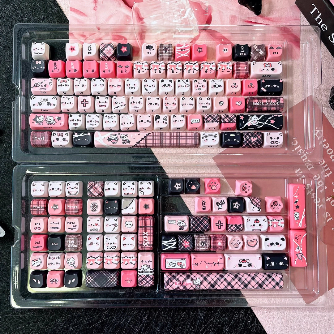 Black Pink Yabi Keycaps Set – MAO / OEM Profile | Cute Cat Mechanical Keyboard Keycaps | Cross-Stem PBT Keycaps for Custom Keyboards